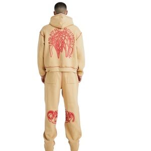NWT BoohooMAN Large Beige Hoodie and Sweatpants Set with Red Graphic